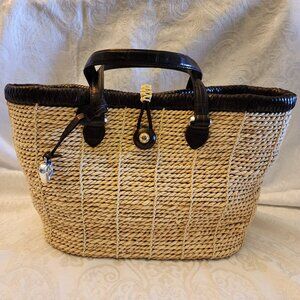 BRIGHTON Mina Flower Wood Button Straw and Leather Tote